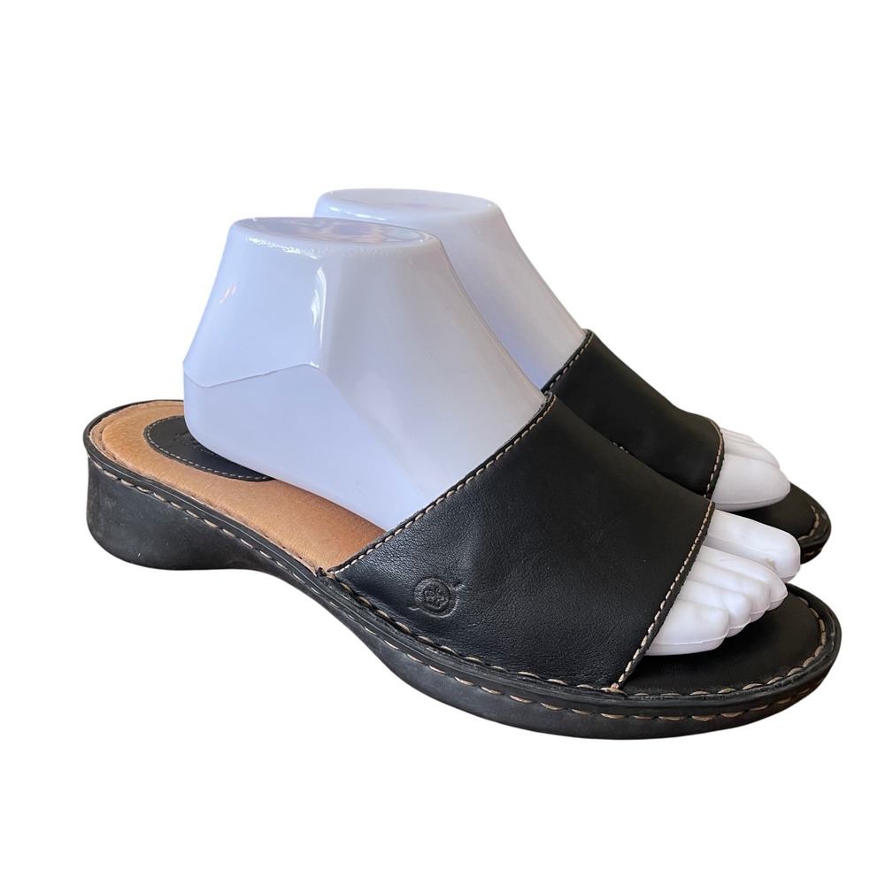 Born Black Leather Slide Sandals Women 9/40.5 Wedge Platform Biker Grunge Goth‎